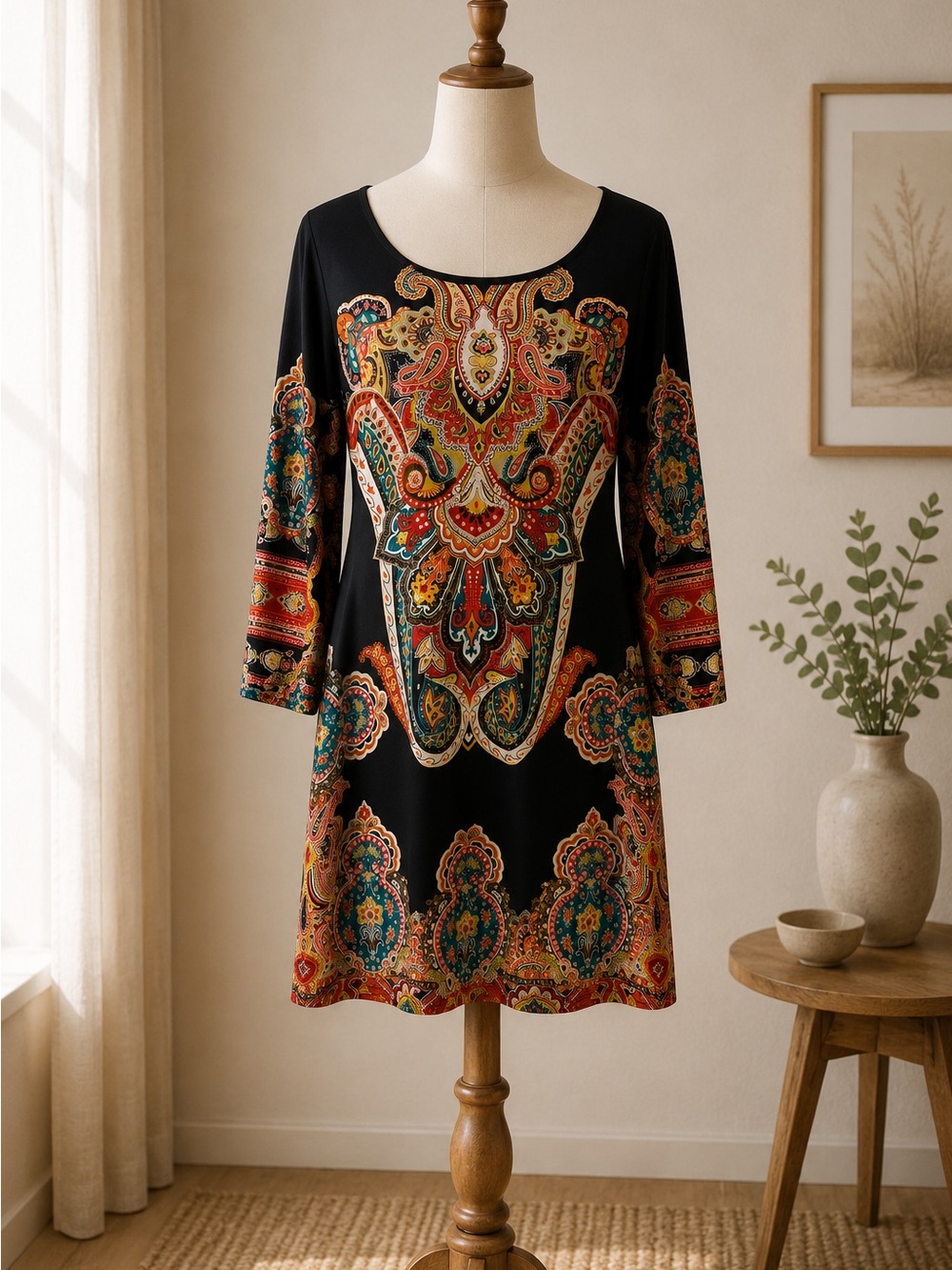 INC International Concepts Paisley Shift Dress XS Black Boho Stretch Long Sleeve